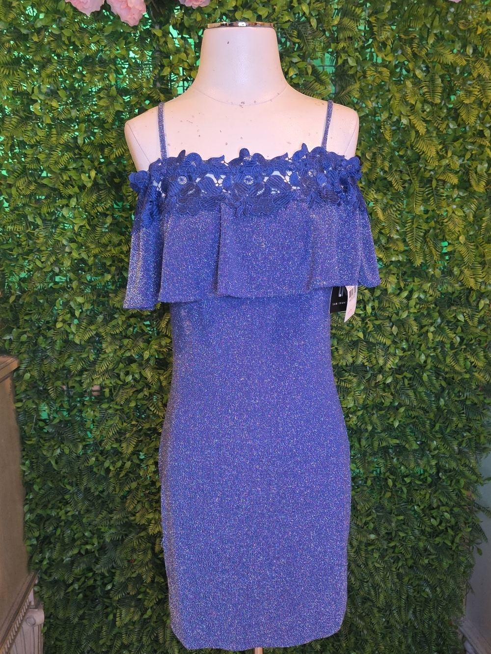 I.N. San Francisco Sparkle Off-Shoulder Mini Dress in Royal Blue